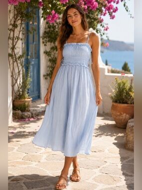 American Eagle Light Blue Smocked Maxi Dress with Spaghetti Straps 100% Cotton
